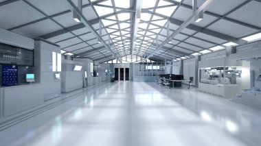 Beyaz fütüristik yarı iletken imalat fabrikası ya da laboratuvar içi doğal ışık ile donatılmış.