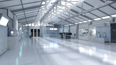Beyaz fütüristik yarı iletken imalat fabrikası ya da laboratuvar içi doğal ışık ile donatılmış.