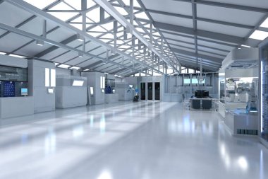 Beyaz fütüristik yarı iletken imalat fabrikası ya da laboratuvar içi doğal ışık ile donatılmış.