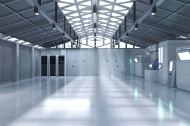 Beyaz fütüristik yarı iletken imalat fabrikası ya da laboratuvar içi doğal ışık ile donatılmış.