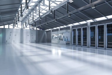 Beyaz fütüristik yarı iletken imalat fabrikası ya da laboratuvar içi doğal ışık ile donatılmış.