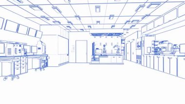 3D taslak oluşturma fütüristik yarı iletken imalat fabrikası veya laboratuvar iç mimari 4k görüntü