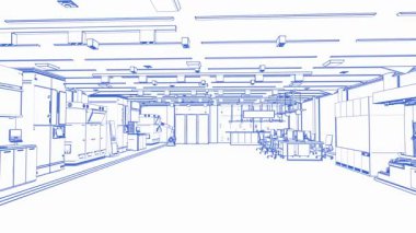 Fütüristik yarı iletken imalat fabrikası ya da laboratuvar iç mekan 4K görüntüleri.