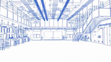 3D taslak oluşturma fütüristik yarı iletken imalat fabrikası veya laboratuvar iç mimari 4k görüntü