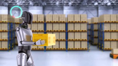 Otomasyon deposu ve yardımcı robot dijital grafik ekranlı depoda çalışıyor.