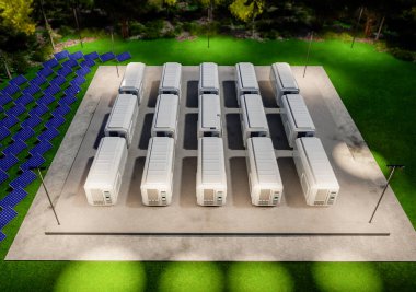 Geceleri sıfır emisyonlu 3D enerji depolama sistemleri veya batarya konteynır birimleri grubu