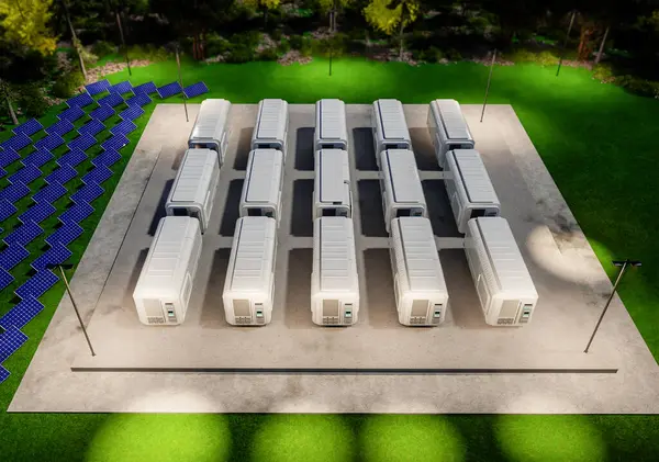 Geceleri sıfır emisyonlu 3D enerji depolama sistemleri veya batarya konteynır birimleri grubu