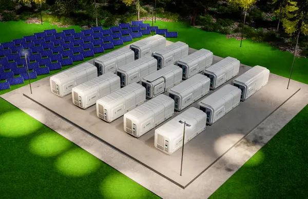 Geceleri sıfır emisyonlu 3D enerji depolama sistemleri veya batarya konteynır birimleri grubu