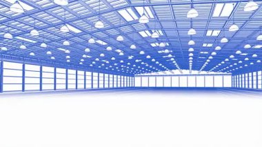 3D taslak içi boş depo ve kolye lambaları 4K görüntüsü