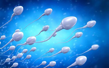 Mavi arkaplanda yüzen 3D sperm grubu