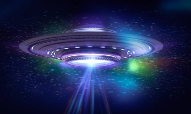 Metal UFO ya da uzaylı uzay gemisi gece 4K görüntülerinde ışık huzmesi oluşturur.
