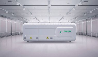 Fabrikadaki 3d enerji depolama sistemi veya pil konteynır birimi