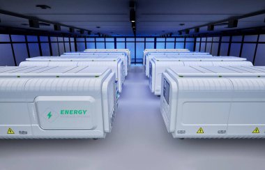 Fabrikadaki 3d enerji depolama sistemi veya pil konteynır birimleri