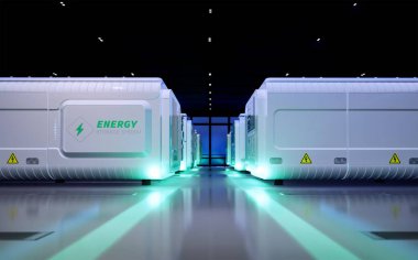 Fabrikadaki 3d enerji depolama sistemi veya pil konteynır birimleri