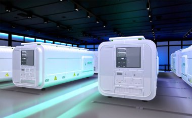 Fabrikadaki 3d enerji depolama sistemi veya pil konteynır birimleri