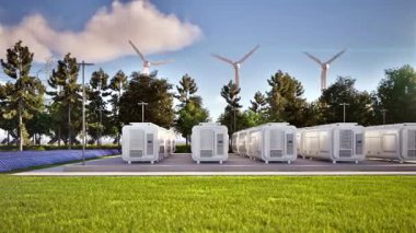 Mavi gökyüzü arka planına sahip enerji depolama sistemleri grubu veya pil kabı birimleri