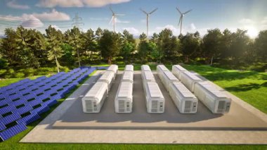 Mavi gökyüzü arka planına sahip enerji depolama sistemleri grubu veya pil kabı birimleri