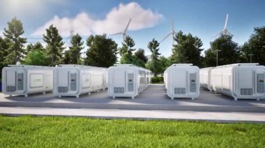 Mavi gökyüzü arka planına sahip enerji depolama sistemleri grubu veya pil kabı birimleri