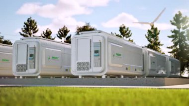Mavi gökyüzü arka planına sahip enerji depolama sistemleri grubu veya pil kabı birimleri