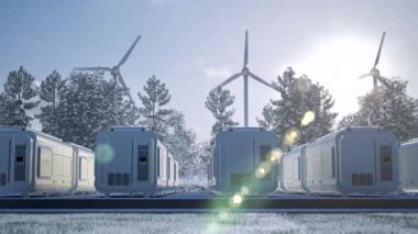 Kışın enerji depolama sistemleri veya batarya konteynır birimleri grubu