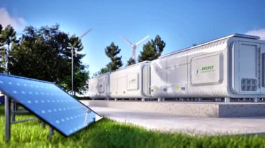 Mavi gökyüzü arka planına sahip enerji depolama sistemleri grubu veya pil kabı birimleri
