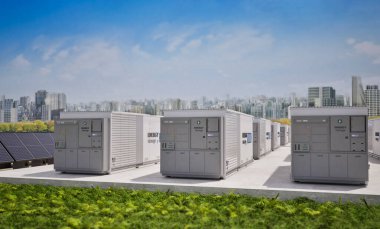 Akıllı şehir için güneş panelleri olan 3d enerji depolama sistemi veya pil kabı ünitesi