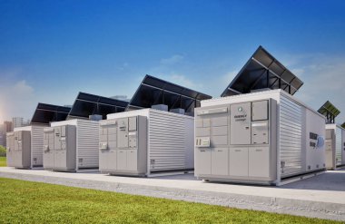 Akıllı şehir için güneş panelleri olan 3d enerji depolama sistemi veya pil kabı ünitesi