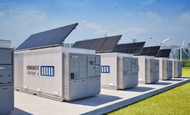 Akıllı şehir için güneş panelleri olan 3d enerji depolama sistemi veya pil kabı ünitesi