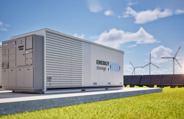 Akıllı şehir için güneş panelleri olan 3d enerji depolama sistemi veya pil kabı ünitesi