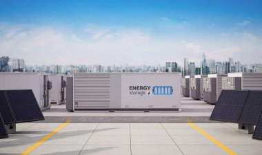 Akıllı şehir için güneş panelleri olan 3d enerji depolama sistemi veya pil kabı ünitesi