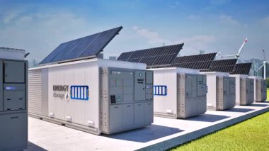 Mavi gökyüzü 4k görüntülü enerji depolama sistemleri veya batarya konteynır birimleri grubu