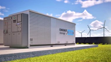 Mavi gökyüzü 4k görüntülü enerji depolama sistemleri veya batarya konteynır birimleri grubu