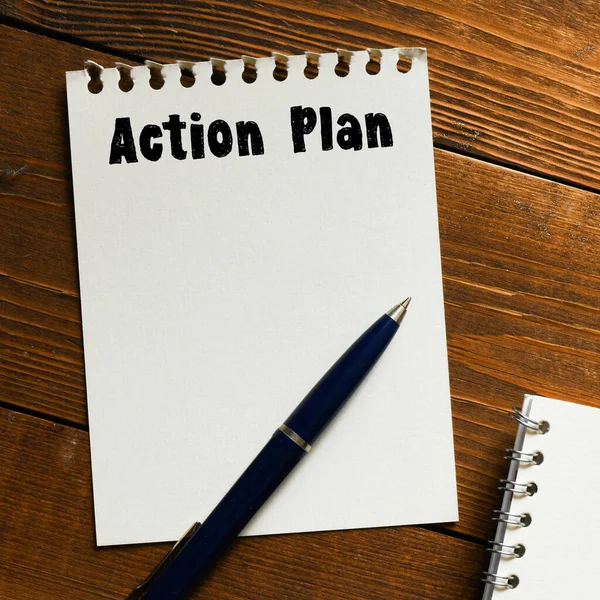 Palabras Del Plan Acción Escritas Cuaderno Oficina Concepto Los Negocios — Foto de Stock