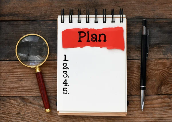 Plan Woord Kantoor Notebook Houten Tafel Concept Voor Het Bedrijfsleven — Stockfoto