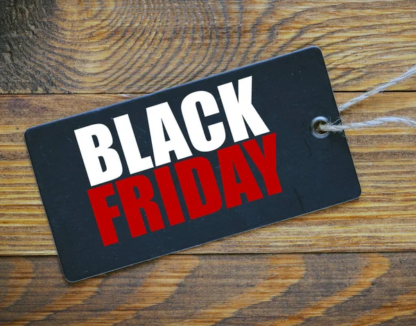 Black Friday Words Black Tag Wooden Table Time Promotions Sales — Stock Photo, Image