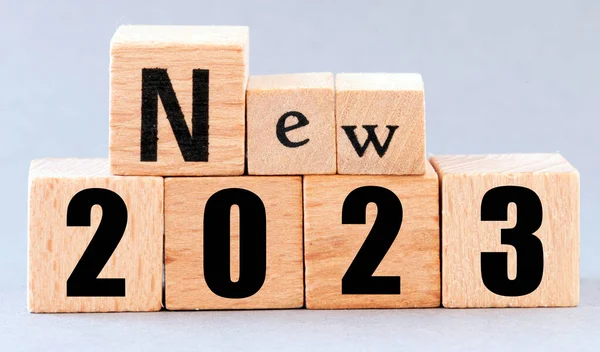 New 2023 Text Arranged Wooden Letters Gray Background New Year — Stock Photo, Image