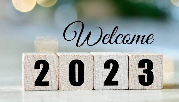 Welcome 2023 Year Text Wooden Blocks — Stock Photo, Image