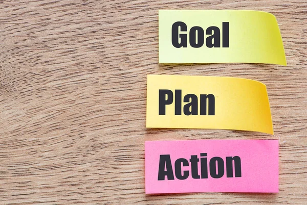 Goal Plan Action Concept Goal Plan Action Words Small Pieces — Stock Photo, Image