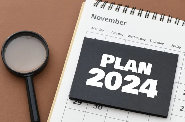 Conceito Negócio Planejamento 2024 Plano 2024 Palavras Uma Folha Preta — Fotografia de Stock