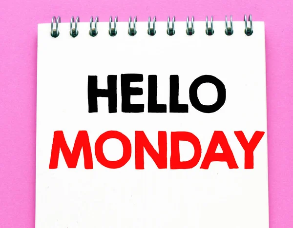 Hello Monday Text Notebook Pink Table — Stock Photo, Image