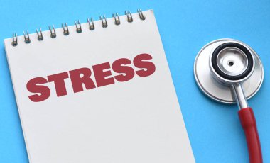 Geçmişinde tıbbi ekipman olan bir defterde STRESS kelimesi