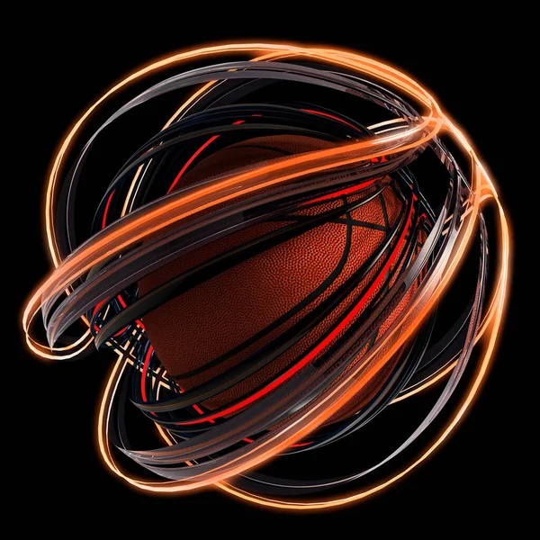 抽象バスケットボールの概念の3Dレンダリング黒の背景に隔離されたスポーツボール — ストック写真