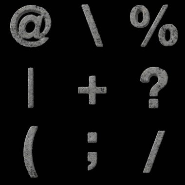 Taş Alfabesinin 3B Hazırlanması, Numaralar, Noktalama İşaretleri beyaz arkaplanda izole edilmiş (daha kolay dekupaj yolu dahil))