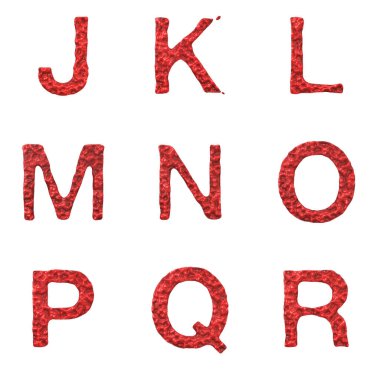 Kanlı Yazı Tipi Alfabesi, Sayılar ve Noktalama İşaretleri 3B Hazırlama kümesi beyaz arkaplanda izole edildi.