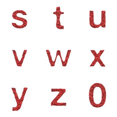 Kanlı Yazı Tipi Alfabesi, Sayılar ve Noktalama İşaretleri 3B Hazırlama kümesi beyaz arkaplanda izole edildi.