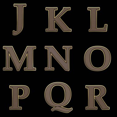 Deri ve Altın Renklendirme Yazı Tipi Alfabesi, Sayılar ve Noktalama İşaretleri beyaz arkaplanda izole edilmiş, yol dahil.