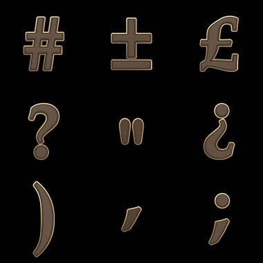 Deri ve Altın Renklendirme Yazı Tipi Alfabesi, Sayılar ve Noktalama İşaretleri beyaz arkaplanda izole edilmiş, yol dahil.