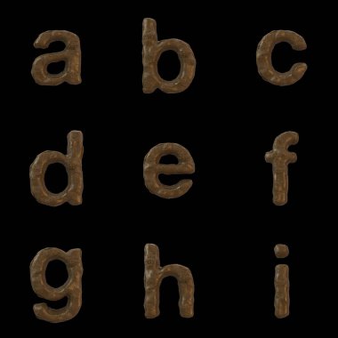 Kaka Yazı Tipi Alfabesi, Sayılar ve Noktalama İşaretleri 3 Boyutlu Hazırlama Siyah zemin üzerinde izole edilmiş, daha kolay dekupaj yolu dahil.
