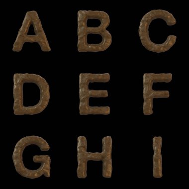 Kaka Yazı Tipi Alfabesi, Sayılar ve Noktalama İşaretleri 3 Boyutlu Hazırlama Siyah zemin üzerinde izole edilmiş, daha kolay dekupaj yolu dahil.