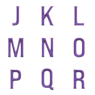 Beyaz arkaplanda izole edilmiş harf, sayı ve noktalama işaretlerini içeren 3B Render Yazıtipi seti